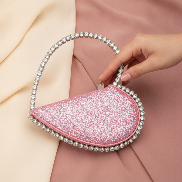 Close-up of a woman's hand gently touching the soft, plush texture of a diamond-studded dinner bag with a heart-shaped clutch