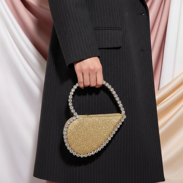 Close-up of a diamond-studded, heart-shaped clutch bag held by a person in a tailored blazer, with a soft, elegant background
