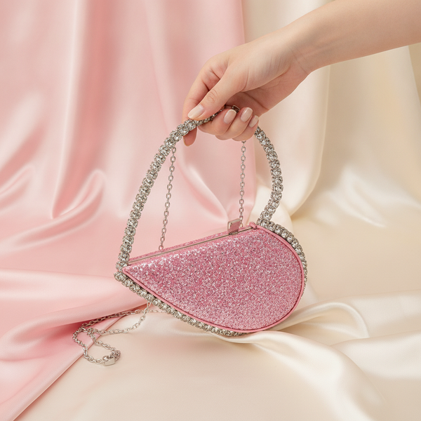 Woman's hand holding a diamond-studded heart-shaped clutch, showcasing its reinforced shape and polished chain.