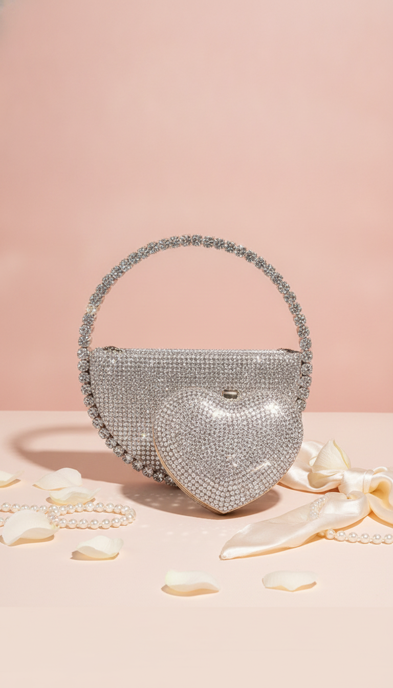 Diamond-studded dinner bag and a diamond heart-shaped clutch, centered on a rose and cream gradient background.