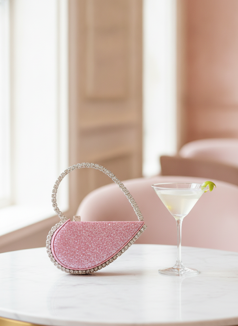 A close-up of a diamond-studded heart-shaped clutch bag on a white marble cafe table next to a martini.