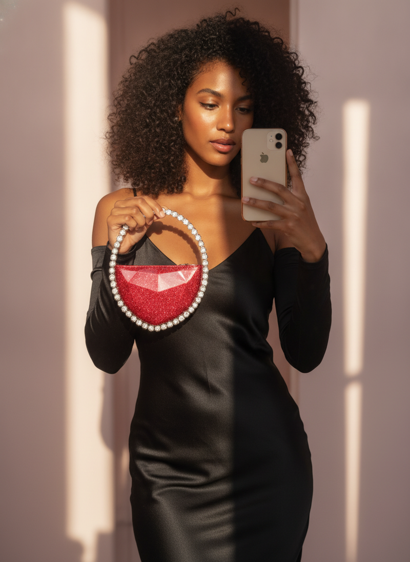 Woman in black silk dress holds a red diamond-studded dinner bag with a heart-shaped clutch, taking a mirror selfie.