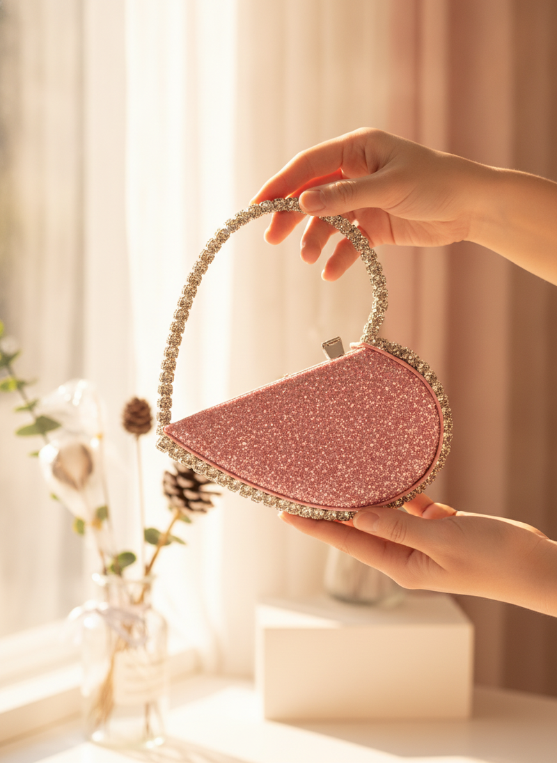 A diamond-studded dinner bag with a heart-shaped clutch sparkles in natural sunlight by a window during an unboxing.