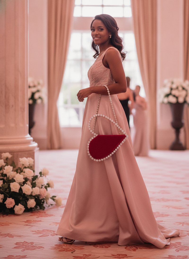 Woman in elegant attire holding a diamond-studded velvet semicircle dinner bag with a heart-shaped clutch, walking into a gra