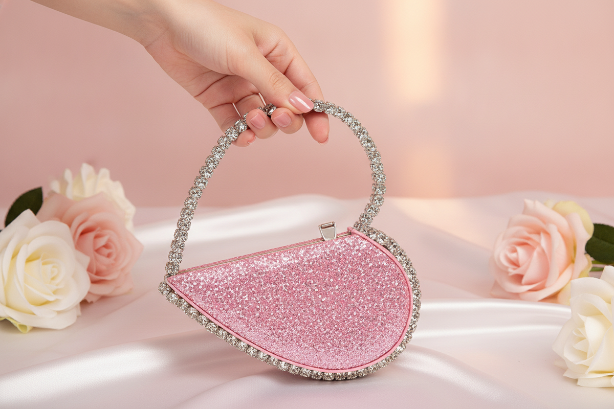 Woman's hand holding a diamond-studded dinner bag with a heart-shaped clutch, set against a rose and cream backdrop.